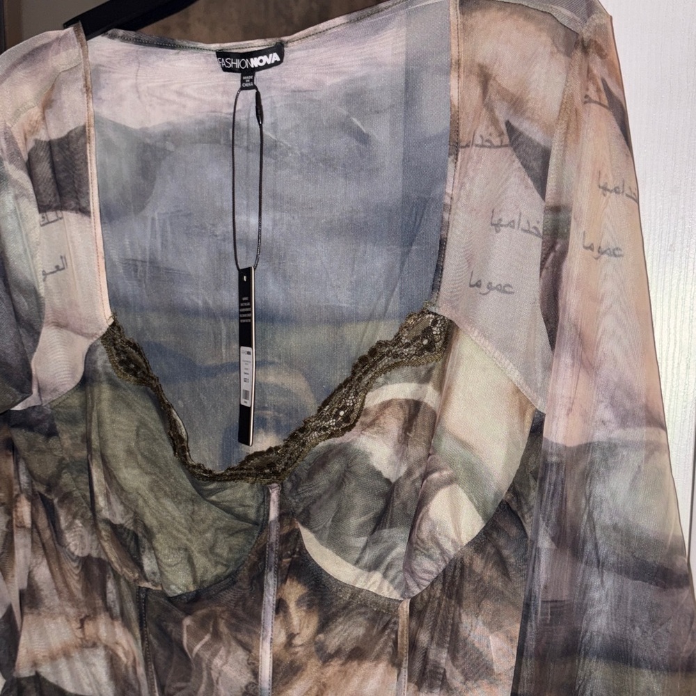 Fashion Nova Sheer Earth Tone Long Sleeve Top